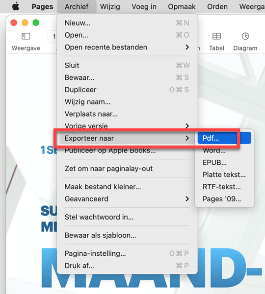 Document bewaren als pdf-bestand in Pages