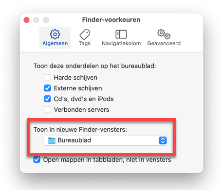 Toon in nieuwe Finder-vensters