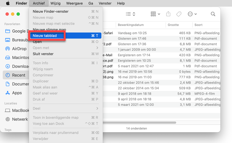 Nieuw tabblad in Finder