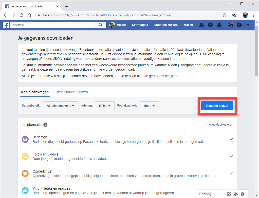 Kopie Facebook-gegevens downloaden