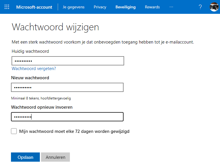 Wachtwoord wijzigen Microsoft-account