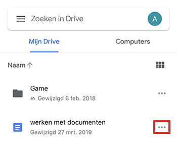 Menu van bestand in Google Drive-app iOS