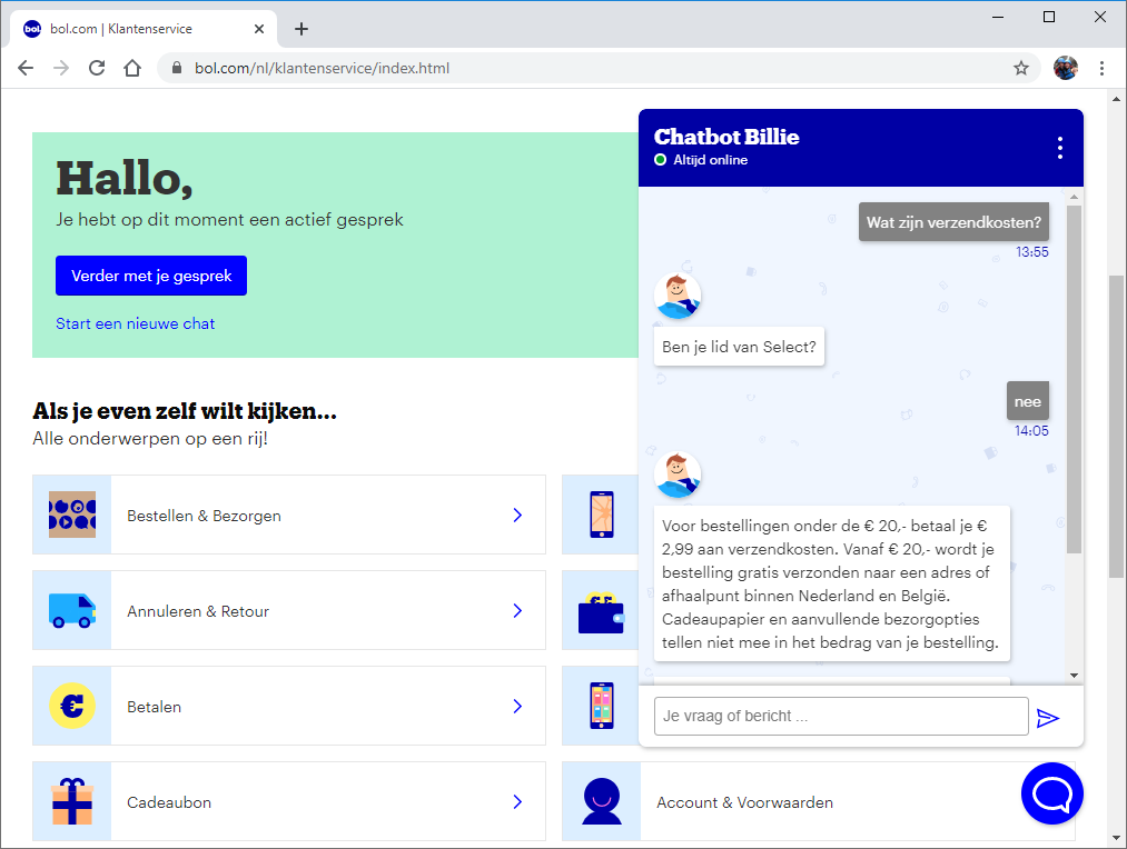 Chatbot Billie van Bol.com