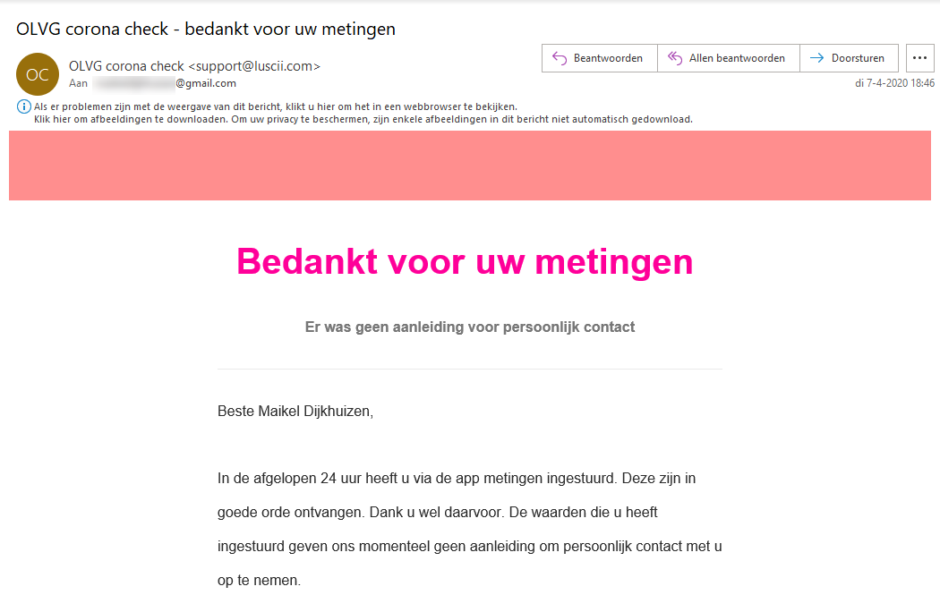 OLVG Corona Check-app e-mail