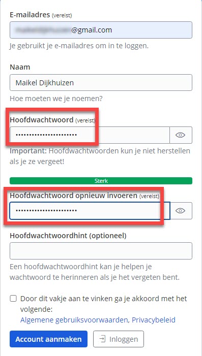 Hoofdwachtwoord Bitwarden aanmaken