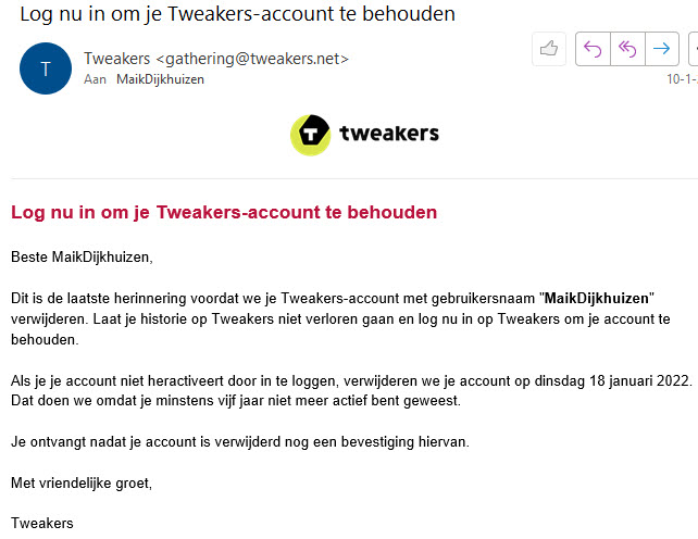 Website verwijdert account