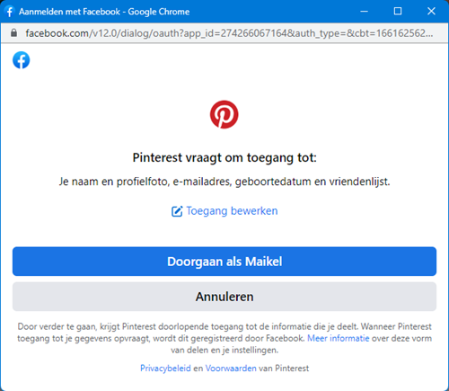 Aanmelden via Facebook-account bij Pinterest