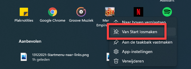 App verwijderen uit Startmenu