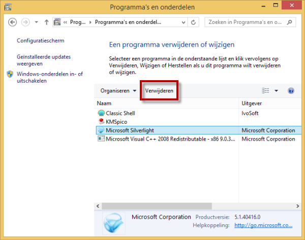 Klik op Verwijderen om een programma te wissen van de pc