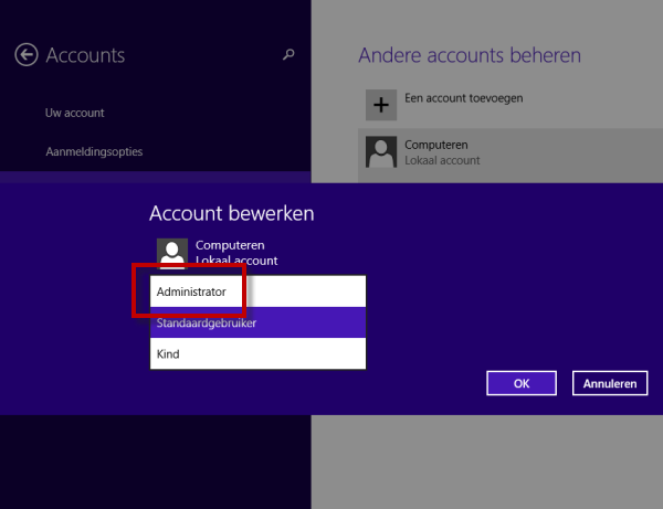 Bij het nieuwe account kiest u als accounttype voor Administrator